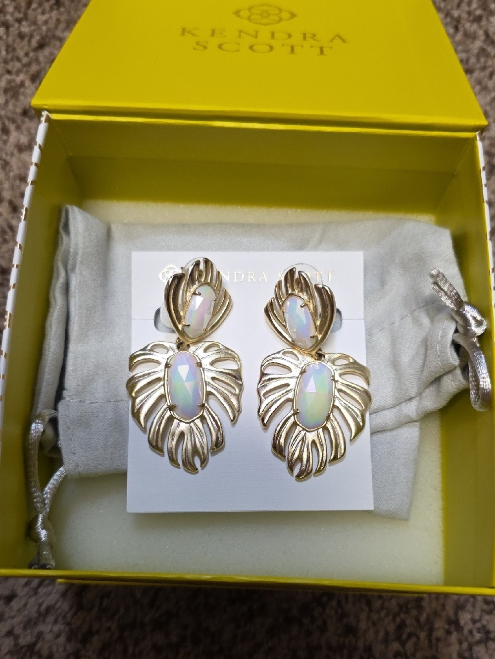 Kendra Scott Gold Kirby Leaf Earrings with Opal Iridescent Stones